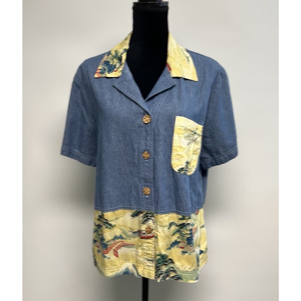 VTG Nina Piccalino Japanese Print Shirt Denim 2X‎ pagodas Hand Carved Buttons